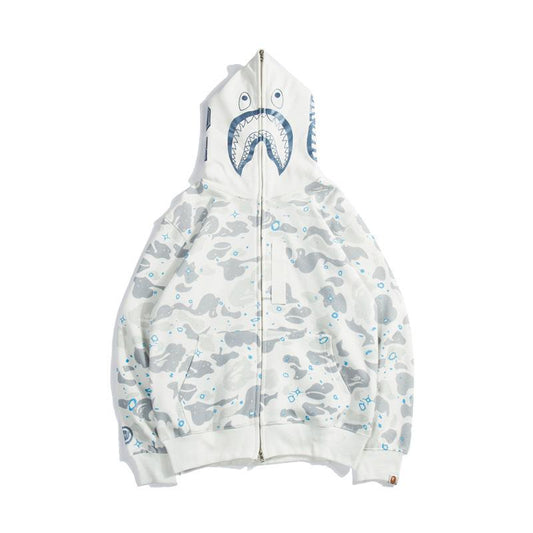 Bathing Ape Hoodie Starry Sky Sweater Black and White Starry Sky Blue Shark Hat Printed Casual Hooded Sweater