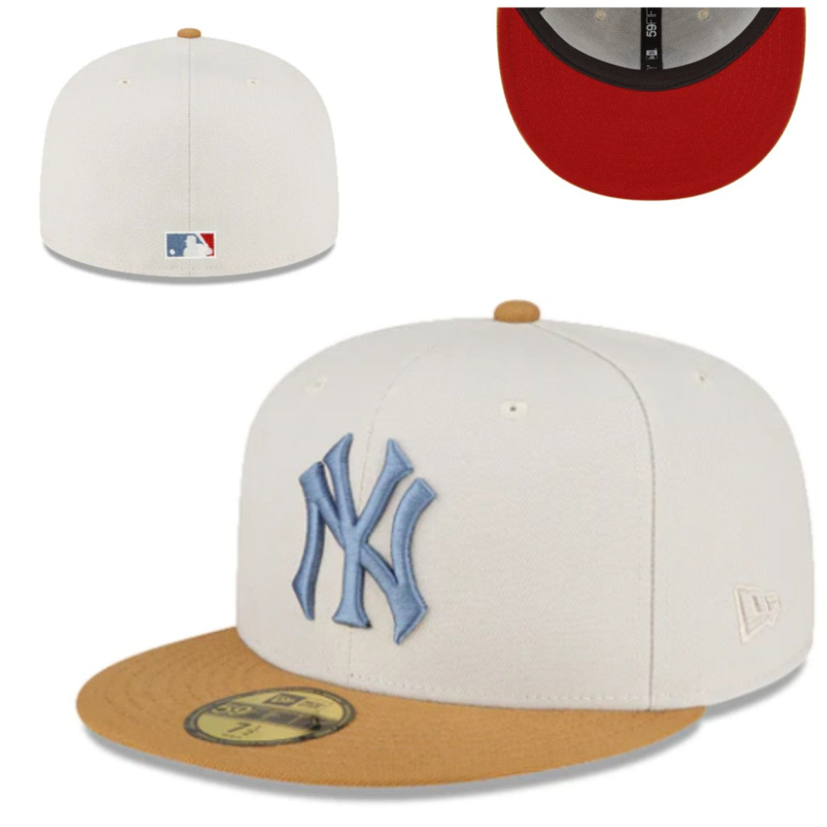 New York Yankees Fitted Hat – Cream with Tan Brim, Blue Logo, and Red Undervisor