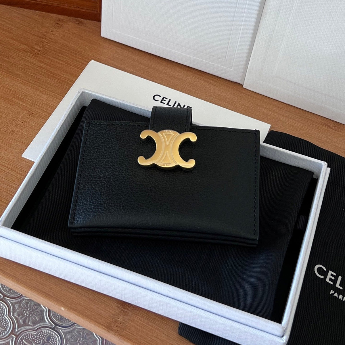 Celine 25S Triomphe Trifold Wallet 11 in Black Calfskin Gold Hardware